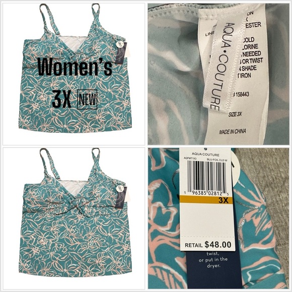 Womens Aqua Couture 3X Tankini Padded Keyhole Swim Swimwear Tank Top Blue NWT - Picture 1 of 10